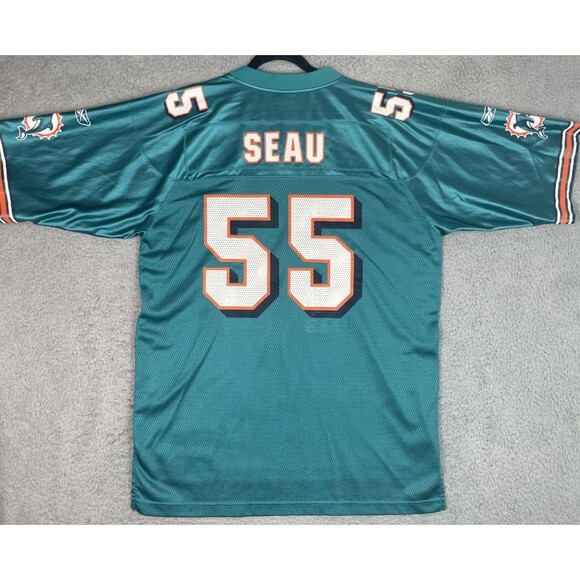 VTG Reebok Jersey Junior Seau #55 Miami Dolphins Mens Large 50 Green NFL - Picture 1 of 8